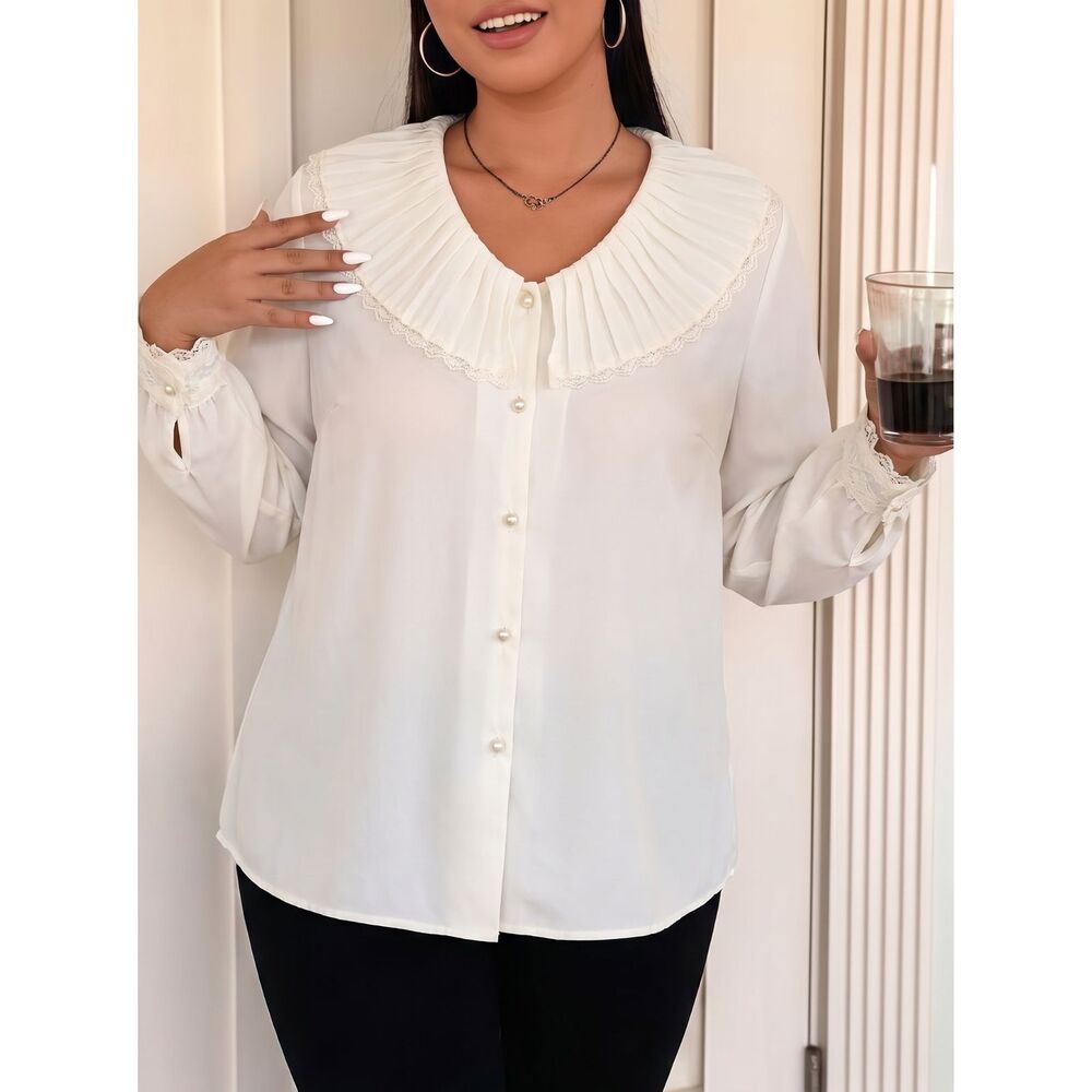 Vintage 80s Susan Bristol Victorian Prairie Blouse Ivory Ruffle Lace Collar 16